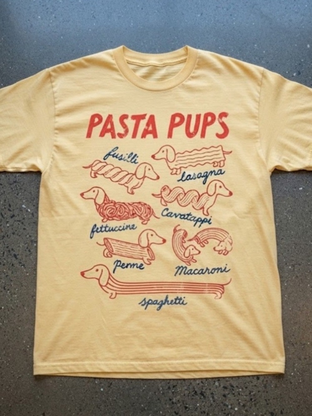 Yellow 'Pasta Pups' Graphic Tee with Red and Navy Print